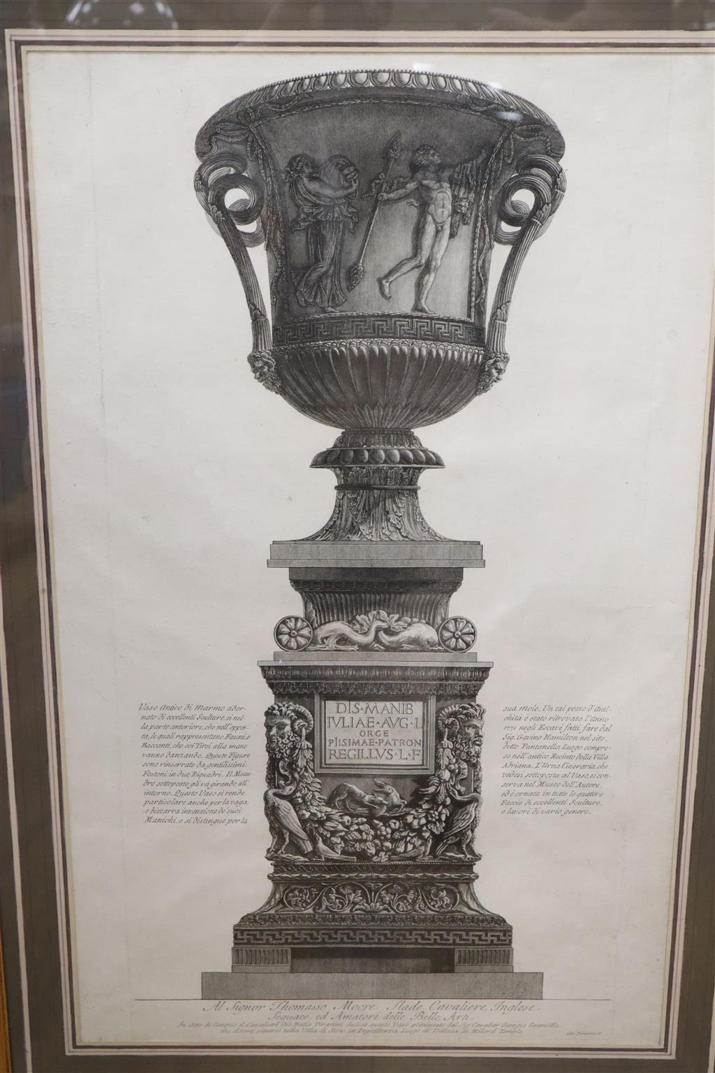 Piranesi, pair of engravings, Studies of classical urns, 72 x 44cm approx., a pair of studies of Apollo and Venus, 52 x 40cm, a pair of